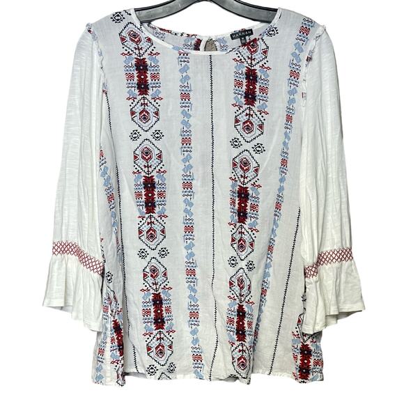 Hannah 3/4 sleeve lightweight top boho white blue red lightweight size medium - Picture 1 of 5